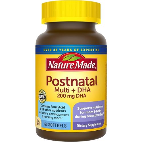 Nature Made Postnatal Multivitamin + DHA 200 mg, Postnatal Vitamins for Women, Includes Iron, Vitamin D3, Calcium, Iodine & More for Breastfeeding Moms, 60 Softgels