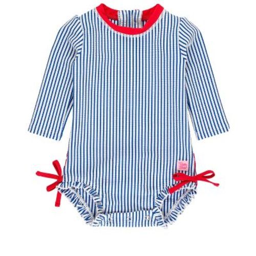 RuffleButts Infant Seersucker Long Sleeve One Piece Rash Guard - Blue , Size: 0-3m