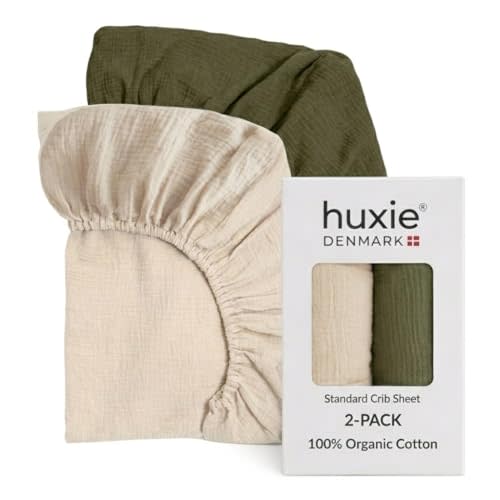 Crib Sheets, 100% Organic Cotton Muslin, 28"x52" Standard 2-Pack | GOTS-certified deep-pocket 360° elastic fit, fits full-size & toddler mattresses, gender-neutral (Fog/Sage Green)