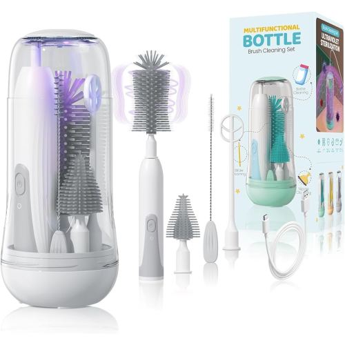 IvyWind Electric Travel Baby Bottle Brush Set with Storage Box, Automatic Bottle Cleaner Brush Kit with Silicone Bottle/Nipple/Straw Brush, Milk Frother Electric and Drainage Rack, Rechargeable, Gray