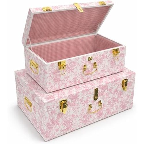 Rool Floral Decorative Storage Trunk Set of 2 – Pink Metal Keepsake Trunks with Gingham Fabric Lining, Stackable for Baby's Room and Gifts (Pink)