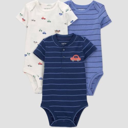 Carter's Just One You® Baby Boys' 3pk Striped Cars Bodysuits - White/Blue/Navy Blue Newborn