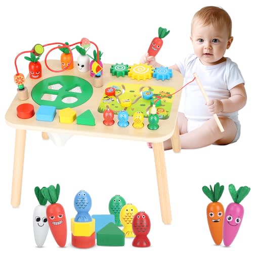 HEYLANDU Activity Table for 1+ Year Old Girls Boys, 7-in-1 Wooden Montessori Toys, Activity Center, Baby Toddler Sensory Toys Kids First Birthday Gift