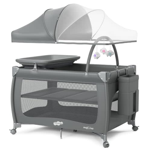 Pamo Babe Pack and Play with Bassinet, One-Step Setup Portable Baby Playpen | Foldable Portable Baby Bed with Mattress, Travel Crib for Baby Comes with Mosquito Net, Changing Table, Zipper Door, Toy Arch