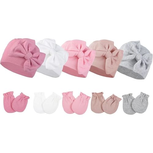 Newborn Baby Girls Hats and Mittens Sets, Infant Beanie Caps with Big Bows No Scratch Mittens,Toddler Hospital Hats Cotton Gloves for Baby Girls 0-6 Months