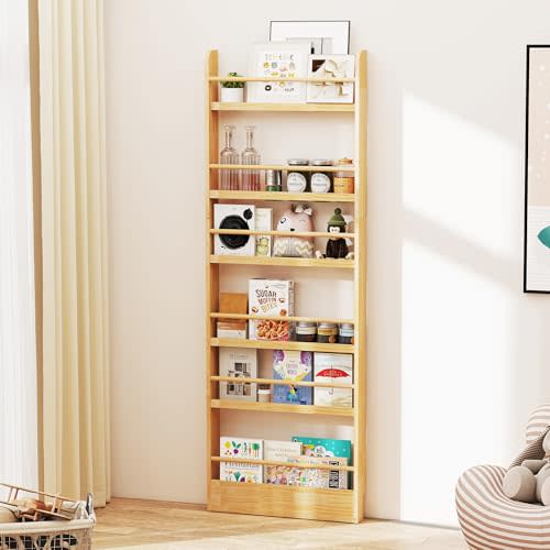petour 6 Tier Behind The Door Bookshelf, Space Saving Behind The Door Bookcase Wooden Kids Wall Bookcase for Bedroom Living Room Playroom (178 * 60)