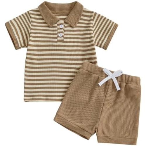 Kuriozud Newborn Baby Boy Summer Clothes Button Short Sleeve Romper Bodysuit Shorts Set Infant Soft Waffle Outfit
