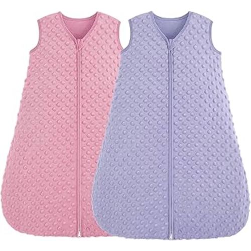 FIEMOL Fleece Baby Sleep Sack 0-6 Months, 1.5 TOG Cotton Baby Wearable Blanket With Soft Plush Dots, 2 Pack Newborn and Infant Warm Sleeping Sack with 2-Way Zipper Pink&Purple