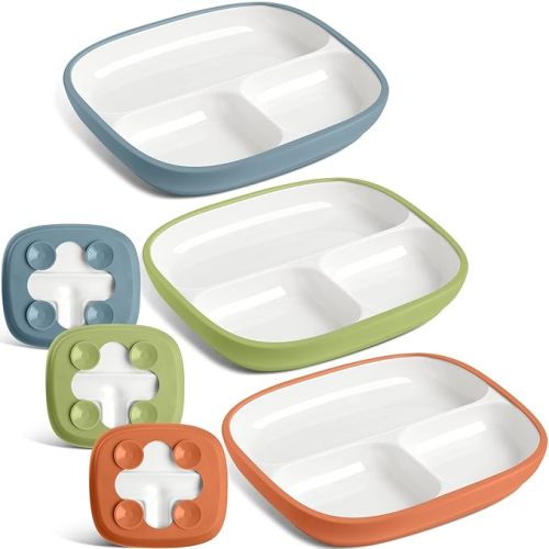 Domensi 3 Set Kids Porcelain Plates with Silicone Sleeves 8.2 Inch Divided Porcelain Plate Toddler White Suction Dishes for Baby Troubleless Eating Microwave Dishwasher Safe (Elegant)