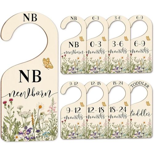 Whaline 8 Pcs Wildflower Baby Closet Size Dividers Vintage Floral Flower Leaves Hanging Wood Baby Closet Organizer Newborn to 24 Months Thicken Babies Wardrobe Organizer for Home Nursery