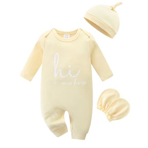 Babymine Cute Newborn Unisex Baby 100% Cotton Long Sleeve Onesie Coming Home Outfits,Soft Romper with Mittens & Hat