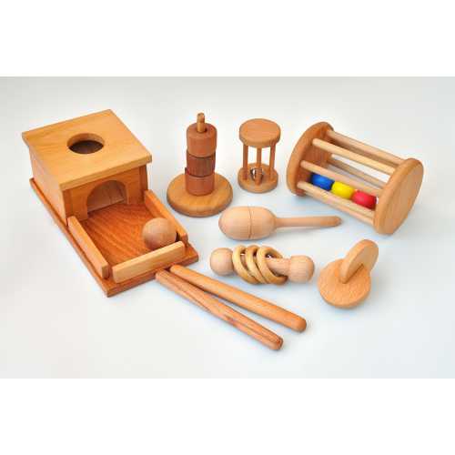 Beech Montessori Wooden Toys Set, Ball Rattle, Discs, Object Permanence Box