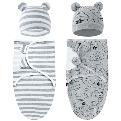 Dizila 2 Sets Adjustable Soft Cotton Blend Receiving Swaddle Blankets Sleep Sacks with Matching Nursery Hats Caps Beanies Bonnets for Newborns Infants Baby Girls Boys (Multicolor S11)