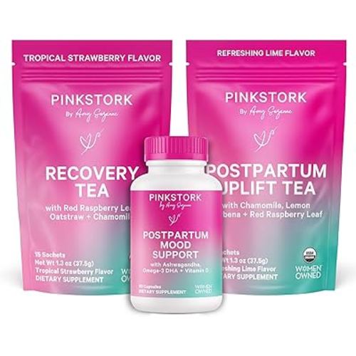 Pink Stork Postpartum Essentials Kit – Hormone Balance, Recovery & Mood Support for New Moms – Postnatal Vitamins Ashwagandha + Herbal Teas for Stress Relief, Energy, Sleep – Gift Set – Vegan, Organic