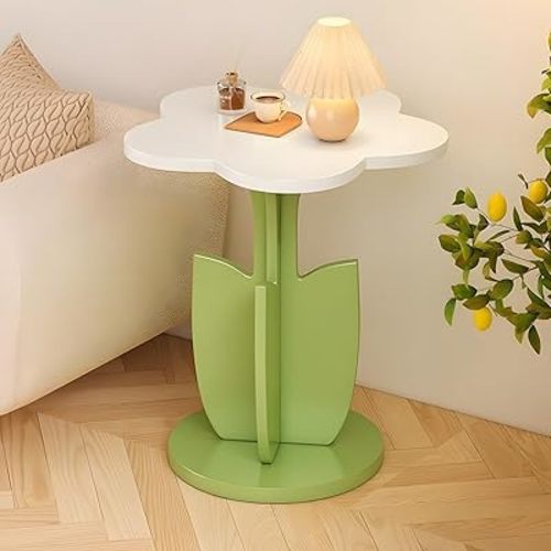End Table for Sofa - Flower Shaped Side Table & Plant Stand - Unique Nightstand for Girls Bedroom - Modern Bohemian Furniture & Groovy Room Decor - Preppy, Y2K Style Accent Table (White Green)