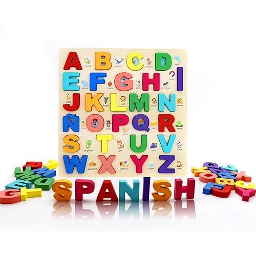 MAYAPHILOS Wooden Alphabet Puzzle, Learn Spanish for Kids with 27 Spanish Letters, Colorful ABC Shape Puzzles for Kids, Preschool Educational Learning Toys for Girls and Boys