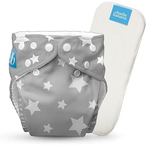 Charlie Banana Cloth Diapers, Reusable, Washable, Adjustable One Size Diaper, for Babies and Toddlers, with Absorbent Insert - Twinkle Little Star White on Grey, 1 Pack