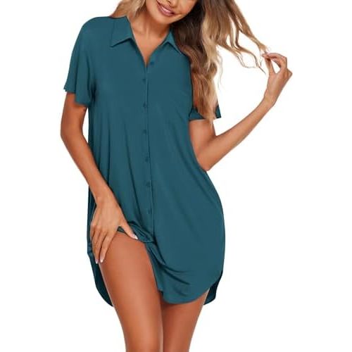 Ekouaer Nightgowns for Women Button Down V Neck Sleepshirt Short Sleeve Nursing Dress S-XXL
