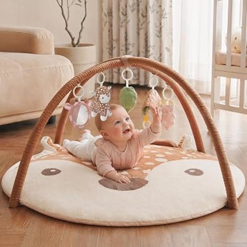 2PM SPORTS Baby Play Gym Tummy Time Play Mat with 5 Detachable Toys – Deer Theme, Machine Washable Baby Playmat for Sensory Development, Activity Mat for Newborn Infant 0-6 6-12 Months, Baby Gift