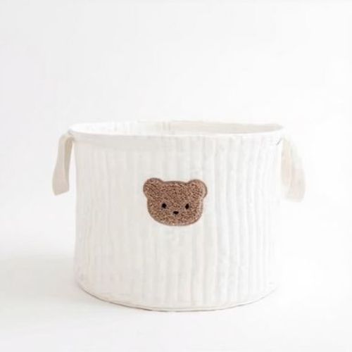 Anna-Kaci Soft Fabric Storage Basket with Embroidered Teddy Bear Design and Side Handles - WhiteA