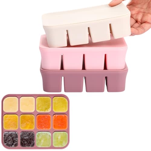 3 Pack Baby Food Freezer Tray with Lids 2.8 oz x 12 Cups Silicone Baby Food Storage Container Ice Cube Freezer Molds for Homemade Vegetable Fruit Purees Snack(12 Cups,Purple, Pink, White)