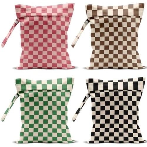 4 Pack Cute Wet Bag Waterproof Washable Reusable Wet Dry Bag for Swimsuit Dirty Clothes Diaper Travel Pool Yoga Gym Birthday Party Camping Toiletries Beach Essentials, Colorful Checkered