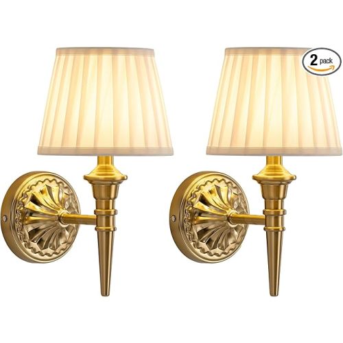 KDG Cordless Wall Sconces Set of 2, Small Wireless 5200mAh Rechargeable Battery Fabric LED Wall Lamps, Portables Lightings for Wall Painting, Living Room, Bedroom, Hallway, Gifts, Night Light (Gold)