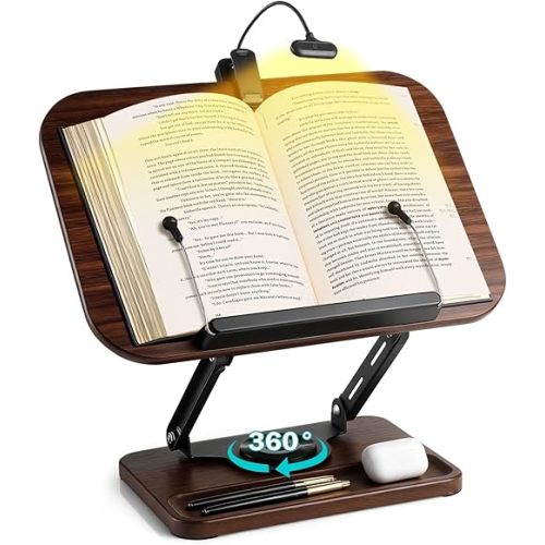 Book Stand with Light & Storage, Book Holders for Reading Hands Free, Wooden Cookbook Stand with Adjustable Height & 360 °Angle for Recipe,Magazine,Laptop,Tablet, Bible