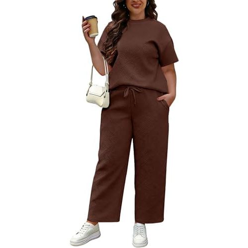 UOUA Womens Plus Size Sweatsuit 2 Piece Outfits Summer Short Sleeve Tops Wide Leg Pants Tracksuit Lounge Sets