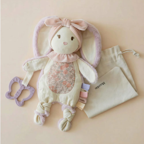 Moonkie Baby Lovey with Silicone Teether, Bunny Security Blanket with Textured Ribbons, Crinkle Toys, Soft Minky Velour & Natural Cotton, Newborn Girl Gift for Baby Shower or Birthday