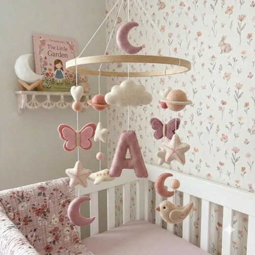 Personalized Pink Butterfly Baby Mobile, Personalized Felt Crib Mobile, Moon Star Nursery Decor, Initial Baby Girl Mobile, Baby Shower Gift