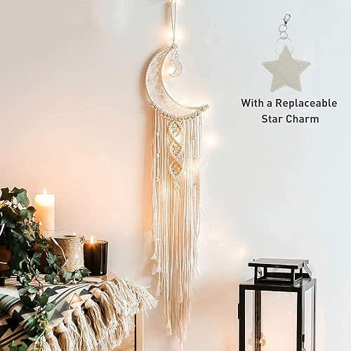 Boho Macrame Woven Wall Hanging, Crochet Crescent Moon Star Dream Catcher with Long Tassel- White Cotton Handmade Bohemian Home Decor Decoration Art Craft for Kids Bedroom Dorm Room