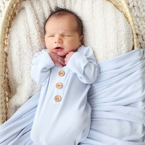 Ice Blue Bamboo Waffle Newborn Baby Knot Gown & Hat Set
