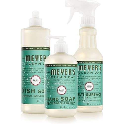 MRS. MEYER'S CLEAN DAY Kitchen Basics Set, Basil Scent Cleaning Supplies includes Hand Soap (12.5 Fl Oz), Dish Soap (16 Fl Oz) and Multi-Surface Cleaner (16 Fl Oz)