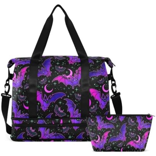 Travel Duffel Tote Bag Purple Bat Gothic Sports Duffel Bag with Wet Pocket Weekender Overnight Bag for Women Men Gym Bag, Carry On Bag Hospital Bag for Labor and Delivery