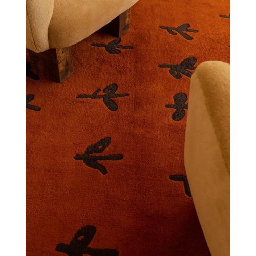 Burnt Sienna Birds Area Rug – 5’ x 7' – Handmade Wool Area Rugs –Red & Black– Rugs for Living Room, Bedroom – Anti-Skid – Carpets with Non-Slip Natural Backing with 100% Cotton