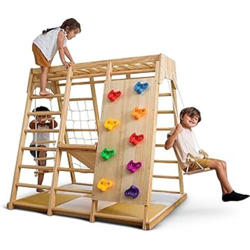 Avenlur Magnolia Indoor Playground 6-in-1 Jungle Gym Montessori Waldorf Style Wooden Climber Playset Slide, Rock Climbing Wall, Rope Wall Climber, Monkey Bars, Swing for Toddlers, Children Kids 2-6yrs