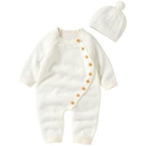 Newborn Infant Baby Boy Girl Footie Romper Waffle Knit Side Button Jumpsuit Sweater Coverall Jumpsuits with Hat Set