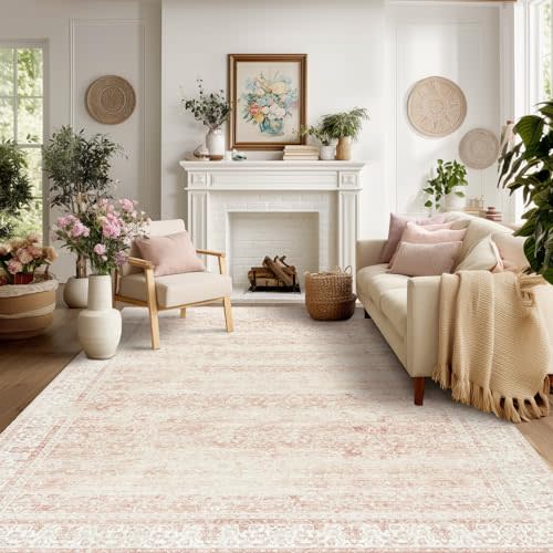 BILEEHOME Light Pink Nursery Rug for Baby Girl Neutral Blush Pink Boho Floral Pattern Carpet 5 x 8 Washable Non Slip Low Pile Soft Surface Area Rugs for Living Room Bedroom Playroom,5x8