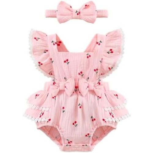 Baby Girl Summer Clothes Ruffle Sleeve Cotton Linen Romper Dress Infant Girls Lace Trim Jumpsuit with Headband