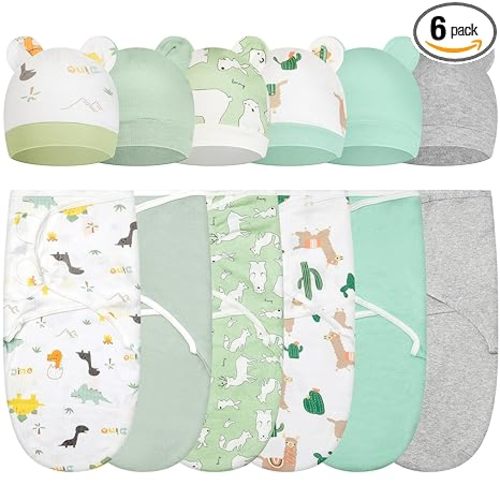 6 Pack Swaddle Blanket with Hats for Baby Girl Boy 100% Cotton Swaddles 0-3 Months, Adjustable Breathable Skin Friendly Receiving Blanket Wrap, Essential for Newborns(Alpaca,Green)