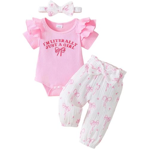 Newborn Baby Girl Clothes Outfits Ruffle Rib Romper Floral Pants with Headband Infant Summer Clothing Set
