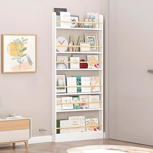 Behind The Door Bookshelf for Kids Room - Childrens Bedroom Wall Small Hidden Hanging Wood Bookcase Toy Storage Shelves Shelving Furniture,4 Tier-23.6" Lx3.9 Dx47.3 H