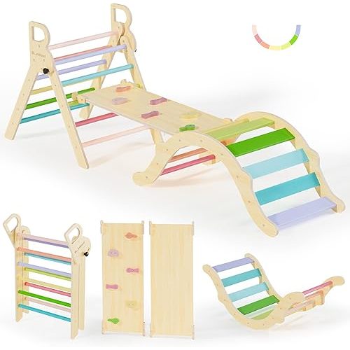 BlueWood Pikler Triangle Set, Toddler Wooden Climbing Toys Indoor 7in1 Foldable Climber for Kids, Montessori Philosophy Play Jungle Gym with Arch, Ramp, Ladder (Colorful Spring)