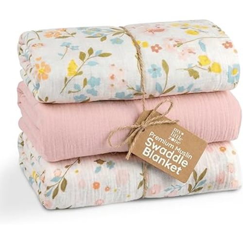 Muslin Swaddle Blankets Baby Blanket Set, 3 Pack 47"x47" Breathable Swaddles for Newborns, Soft Baby Swaddle Blanket for Girls, Muslin Blankets and Swaddles for Babies, Nursery Gift Set Pink Floral