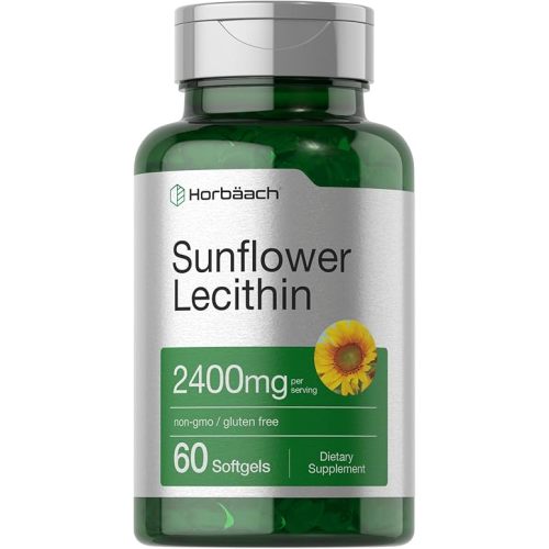 Horbäach Sunflower Lecithin Softgel Capsules | 2400mg | 60 Pills | Naturally Occurring Phospholipids | Non-GMO, Gluten Free Supplement