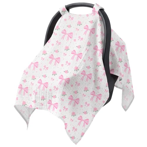 Baby Car Seat Cover - 100% Muslin Cotton Universal Breathable Canopies for Boys and Girls Soft Spring Summer Car Seat Cover Lightweight Infant Car Seat Canopy - Pink Bows