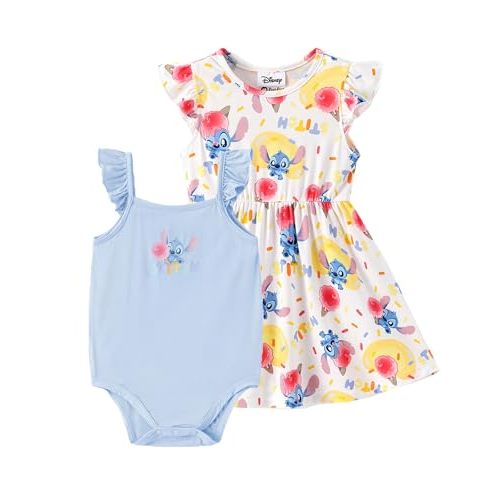 Disney Baby Girls Bodysuit and Round Neck Ruffle Sleeve Dress Clothes Outfit Set for Newborn to Infant