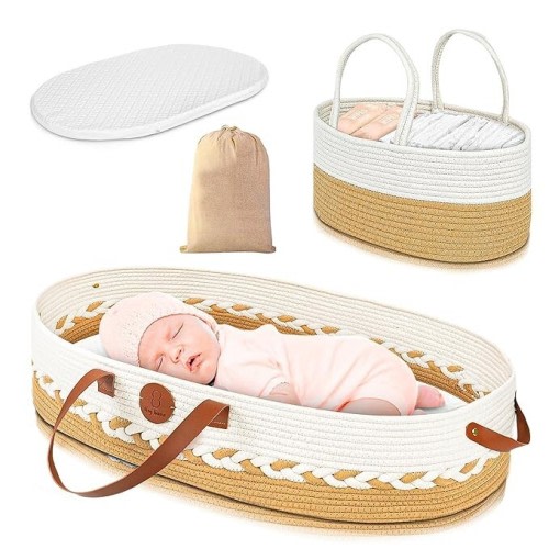 Baby Changing Moses Basket with Foam Pad, Waterproof Cover & Diaper Caddy SET