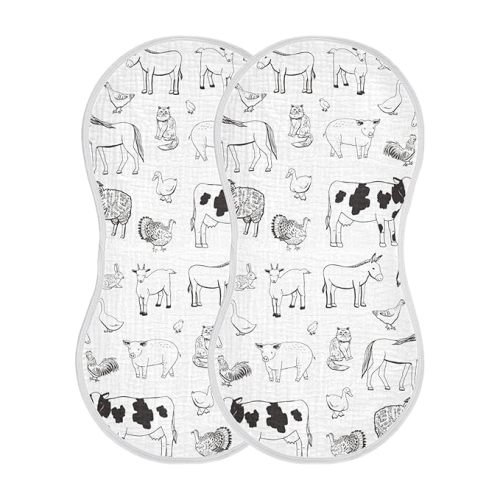 Muslin Baby Burp Cloths Set of 2, Soft Absorbent Farm Animals Muslin Washcloths, Bibs, Face Towel for Newborn Boys Girls, 22 x 11 Inch